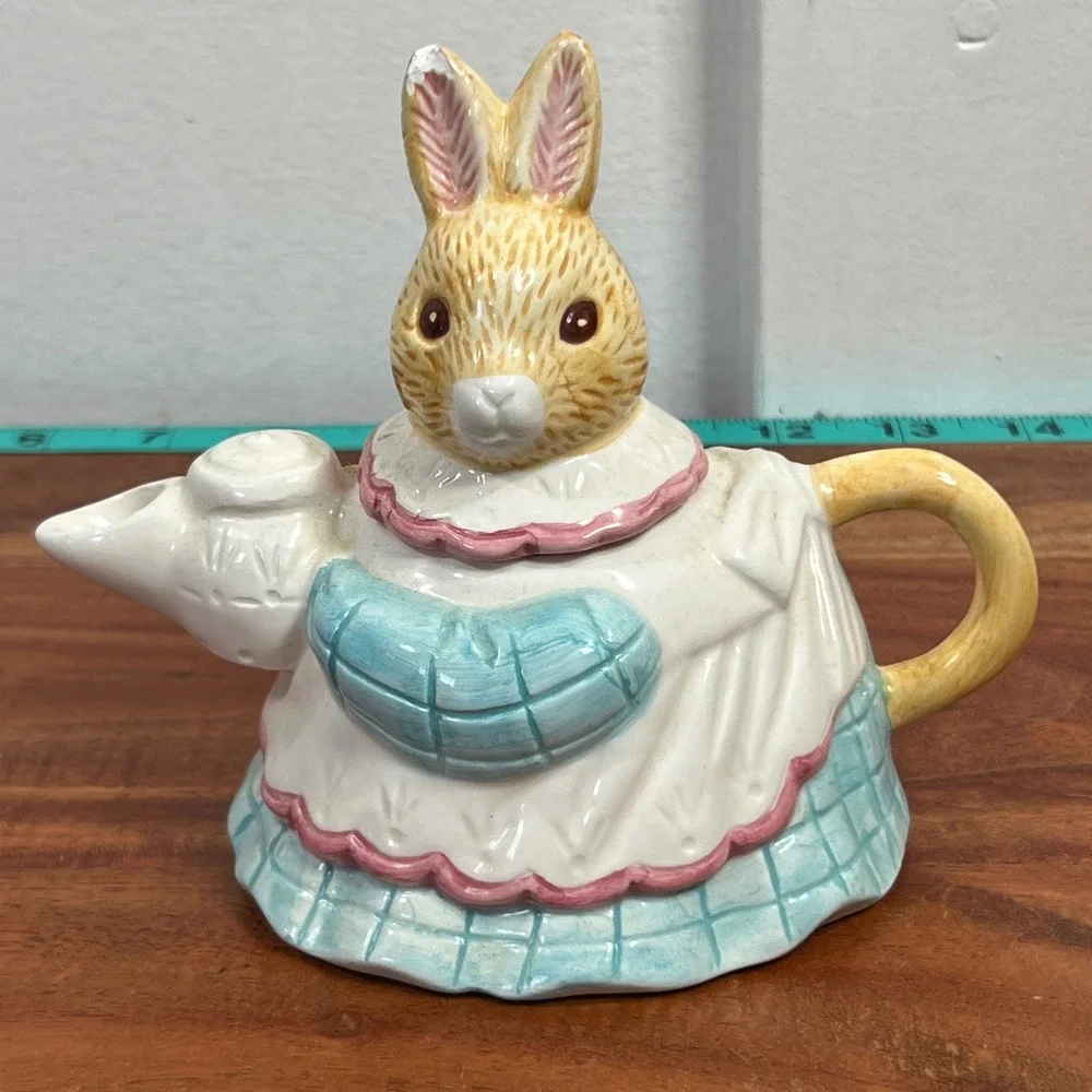 Vintage Ceramic Rabbit Teapot Bunny in Blue Checkered Skirt Hand Painted 6in